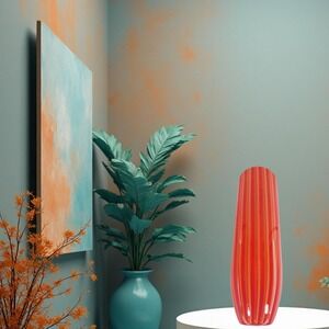 Cenedese Murano Orange Red Stripes Art Glass Vase Hand Blown 15.25" Signed Italy